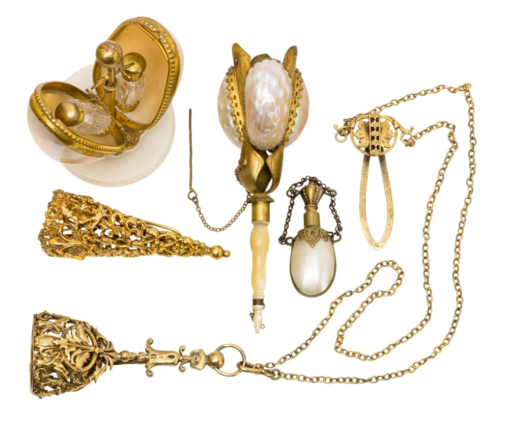 Five English or French gilt metal posy holders and scent bottles (1 of 4)