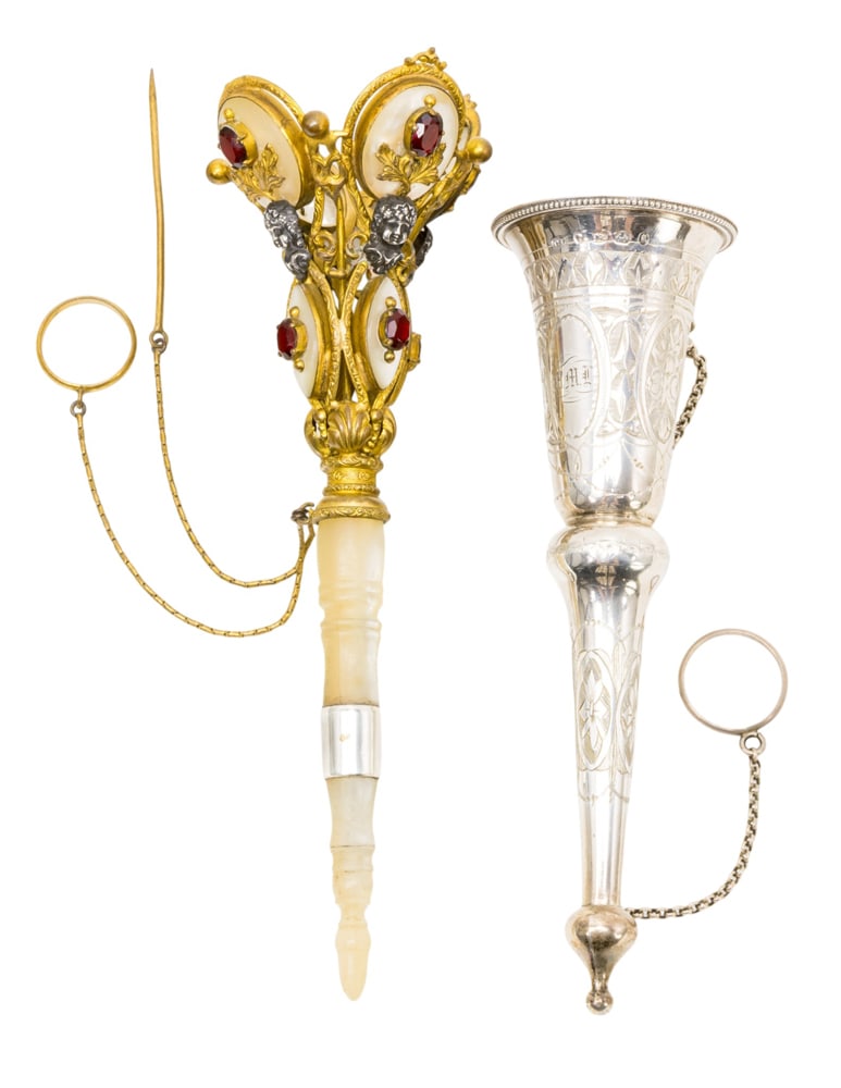 Two English posy holders or tussie mussies: Two English posy holders or tussie mussies, circa 1870, the first Birmingham sterling example hallmarked for Colen Cheshire, monogrammed MML in original fitted case with Australian retailer label, inc
