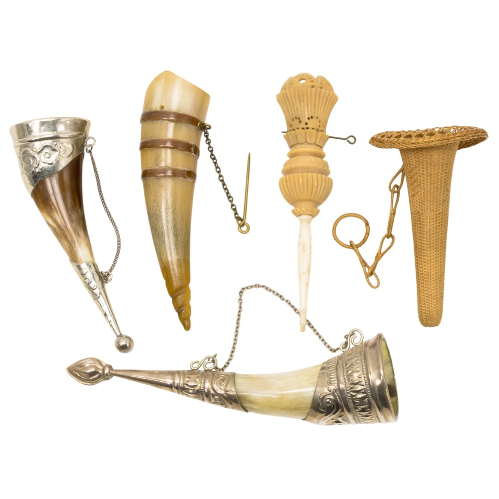 Five European horn, bone or basketry posy holders or tussie mussies (1 of 4)