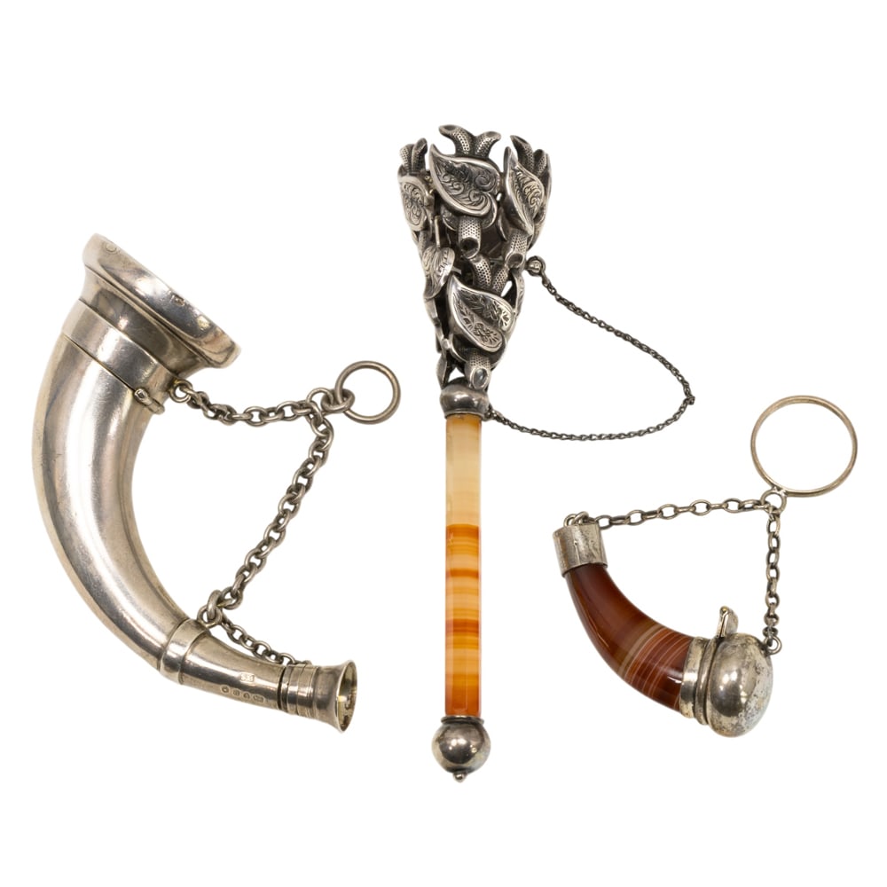 Three English silver scent bottles and posy holder: Three English silver scent bottles and posy holder, circa 1870, the first Sampson Mordan & Co. combination vinaigrette and scent bottle with armorial, hallmarked London,1870; the second posy holder