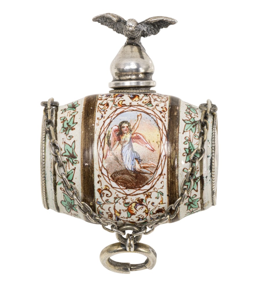 A miniature Vienna enamel and silver mounted scent bottle in the form of a barrel: A miniature Vienna enamel and silver mounted scent bottle in the form of a barrel, circa 1880, unmarked, 1.75"l (top of finial) x 1.25"l. Provenance: The Collection of Irene Deitsch, Palo Alto,