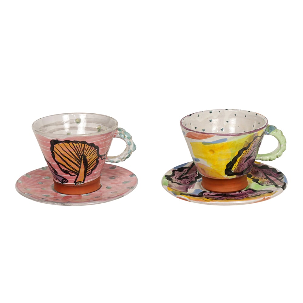 Teacups and Saucers, Deirdre Daw: (lot of 4) Deirdre Daw (American, b. 1958), Teacups and Saucers, 1988, ceramic tea set, each initialed and dated beneath, overall (for largest): 3.75"h x 5"w x 6"d. Provenance: Property from the