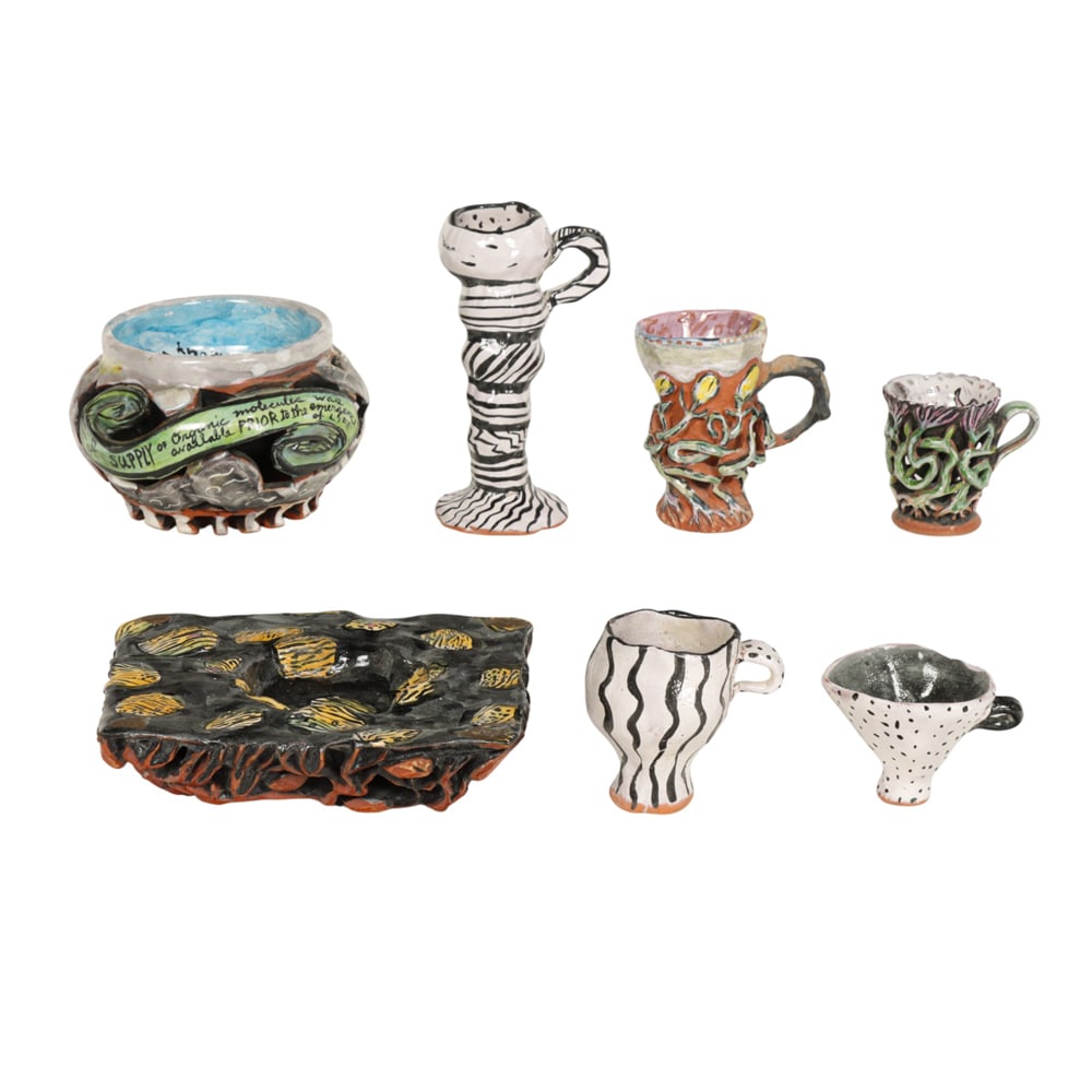 Ceramic Decor, Deirdre Daw: (lot of 7) Deirdre Daw (American, b. 1958), Diminutive Pottery, 1990-2002, ceramic decor, three initialed and dated beneath, overall (for largest): 3"h x 4.5"w x 4.5"d. Provenance: Property from the