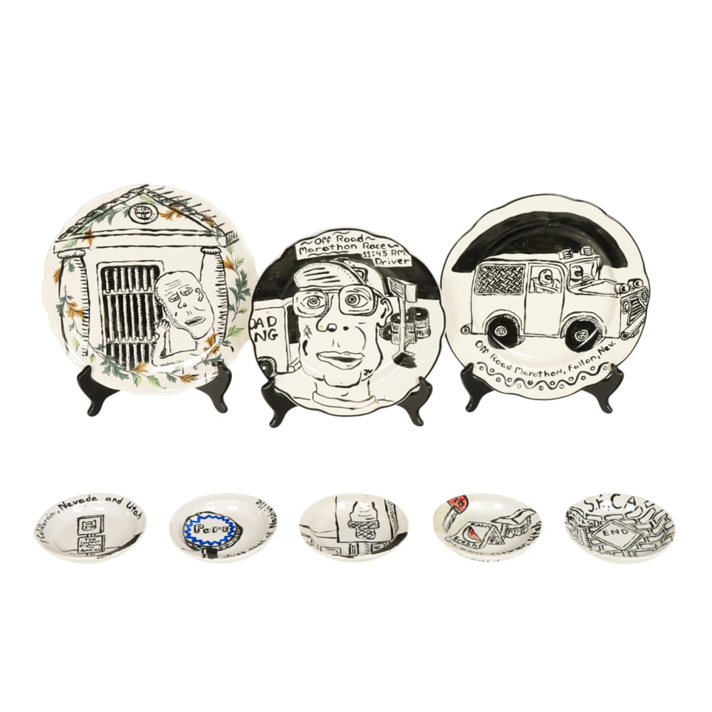 Ceramic Plates, Peter Klove: (lot of 8) Peter Klove (American, 20th century), Untitleds, 1995, three large ceramic plates and five small plates, each signed and dated beneath, overall (for largest): 1"h x 10.5"w x 10.5"d.
