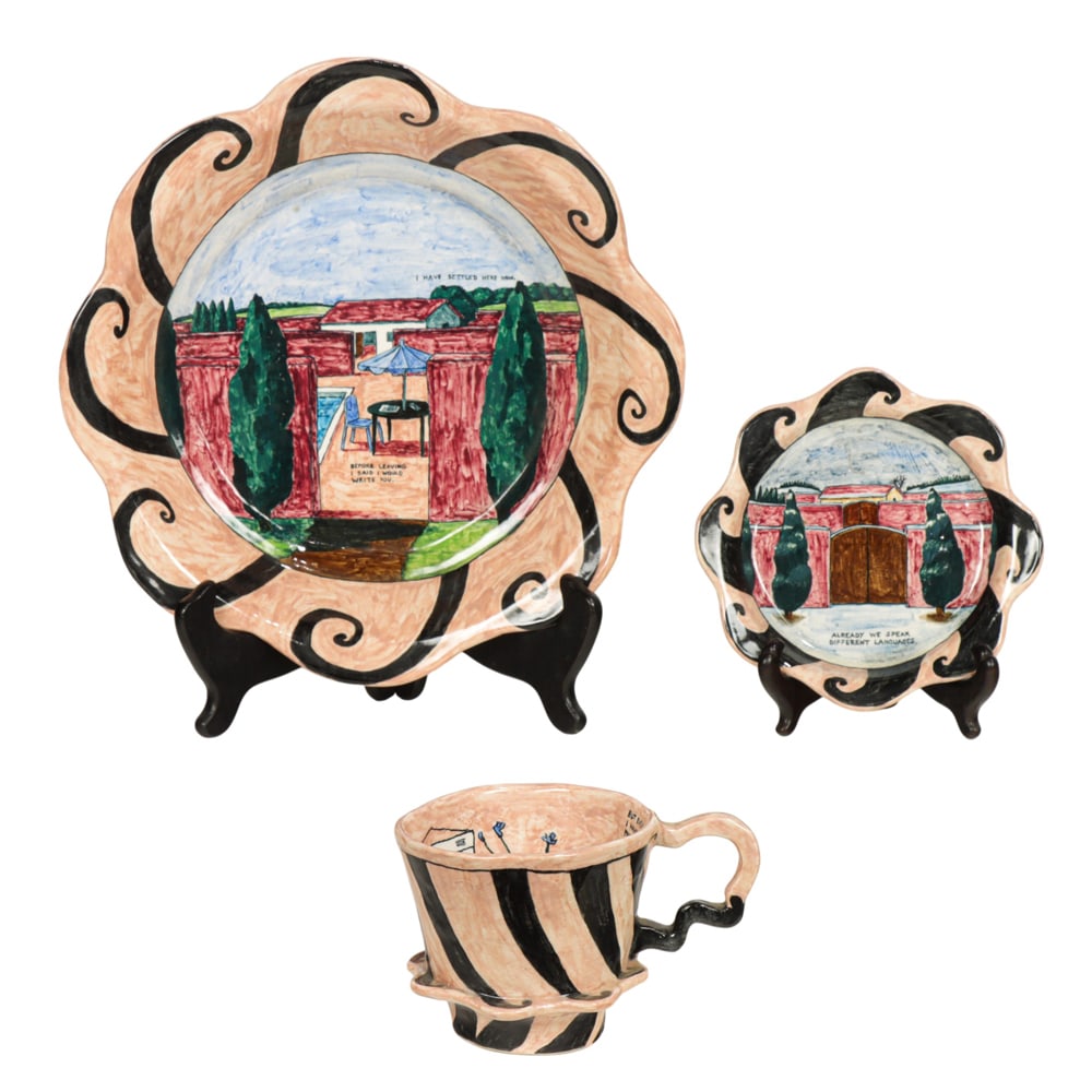 Ceramic Tea Set. Anne Krauss: (lot of 3) Anne Krauss (American, 1956-2003), Teacup, Saucer, and Plate, ceramic tea set, each with Shining Leaf mark beneath, overall (for largest): 1.5"h x 11"w x 11"d. Provenance: Property from