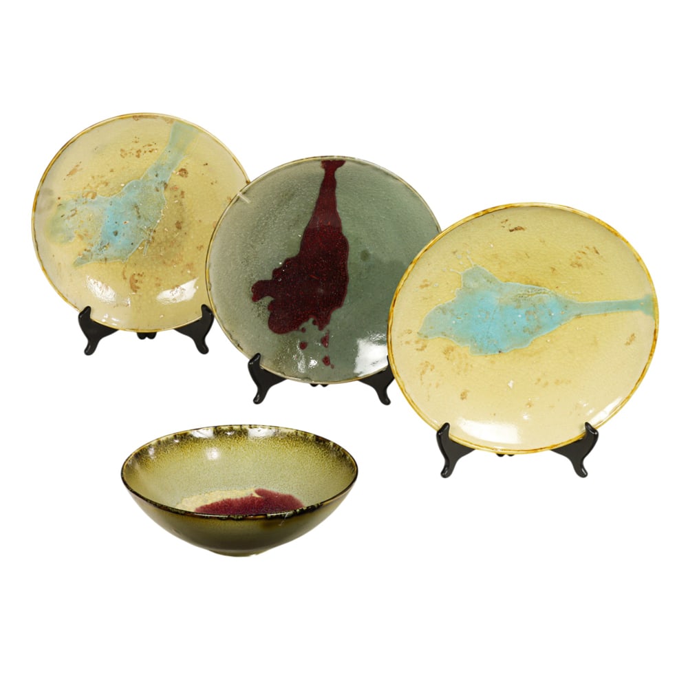 Ceramic Dishes, Chris Snow: (lot of 4) Chris Snow (American, 20th century), Glazed Dishes, three large ceramic plates and one ceramic bowl, each signed beneath, overall (for plates): 2"h x 12.5"w x 12.5"d. Provenance: Property
