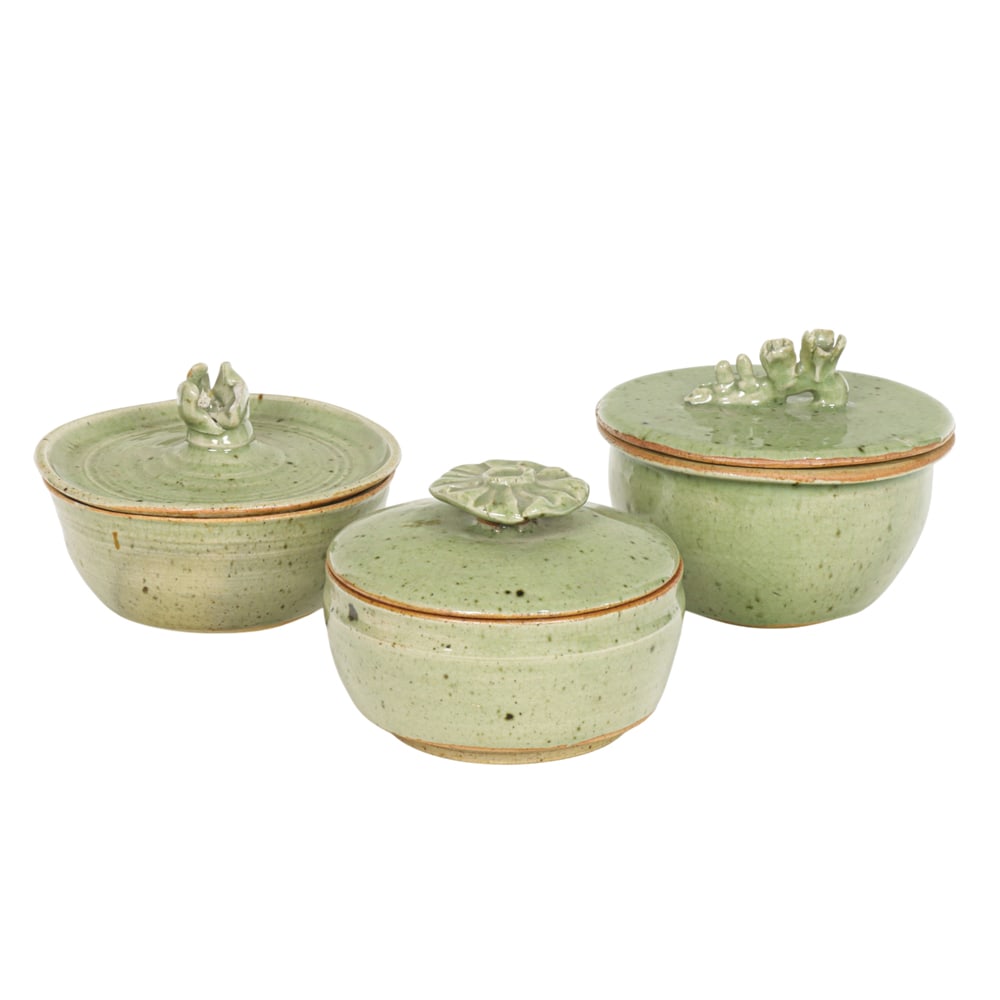 Lidded Ceramic Bowls, Jacomena Maybeck: (lot of 3) Jacomena Maybeck (American/Dutch, 1901-1996), Green Bowls, lidded bowls, each signed beneath, overall (for largest): 6.5"h x 7.25"w x 7.25"d. Provenance: Property from the Private