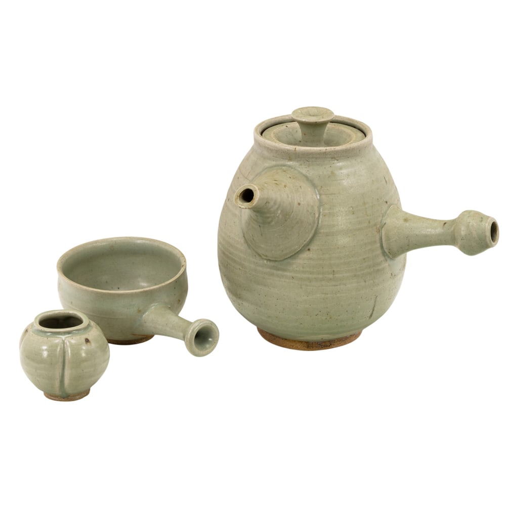 Ceramic Vessels, La Paz: (lot of 3) La Paz (American, 20th century), Pale Green Vessels, one ceramic teapot with lid, one ceramic bowl with handle, and one small pot, each stamped beneath, overall (for largest): 8"h x 9.5"w