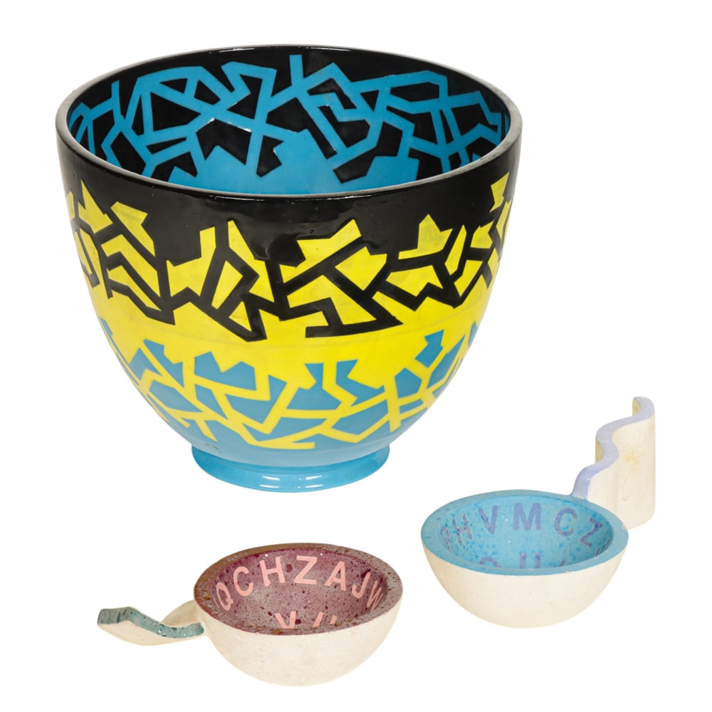 Ceramic Bowls, Mitchell Durkee: (lot of 3) Mitchell Durkee (American, 20th/21st century), Untitled (Blue, Yellow, and Black Bowl), 1988, and Stenciled Trinket Bowls, 1988, ceramic bowls, largest initialed and dated beneath, overall