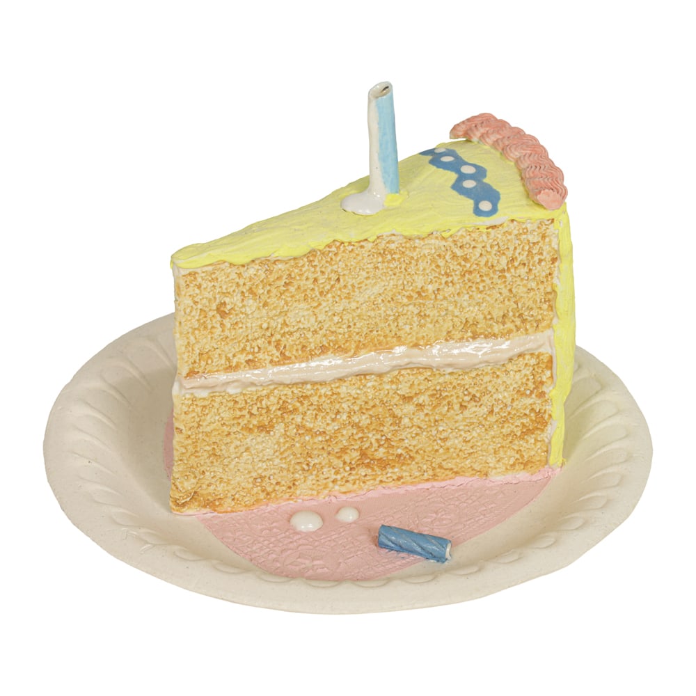 Porcelain Sculpture, Richard Blake Shaw: Richard Blake Shaw (American, b. 1941), Slice of Birthday Cake, 2002, glazed porcelain sculpture, signed, dated, and inscribed "To Viola" beneath, overall: 3.5"h x 5.5"w x 5.5"d. Provenance: Property