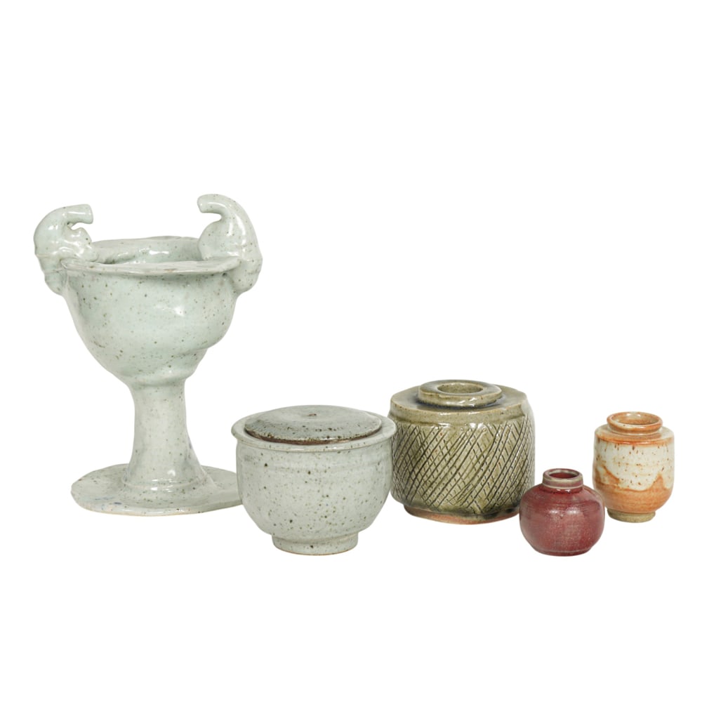Ceramic Vessels, American School including La Paz (20th century): (lot of 5) American School including La Paz (20th century), Pottery Vessels, three ceramic pots, one lidded urn, and one pedestal tureen, two faintly marked with La Paz stamps beneath, one marked