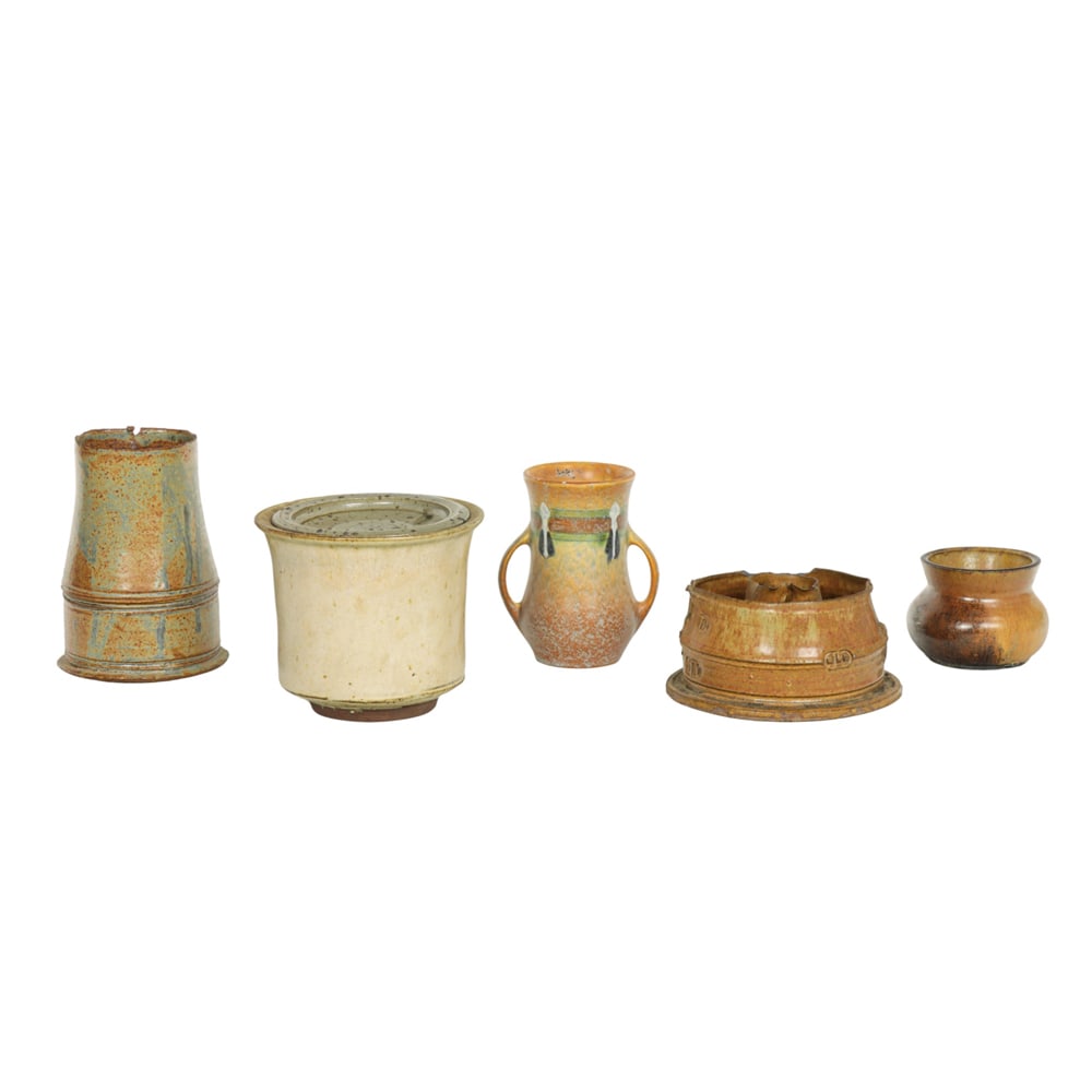 Ceramic Vessels, American School including Richard Brennan (20th century): (lot of 5) American School including Richard Brennan (20th century), Vessels, four vases and one lidded urn, tallest vessel by Brennan, each unsigned, overall (for largest): 6.5"h x 4.5"w x 4.5"d.