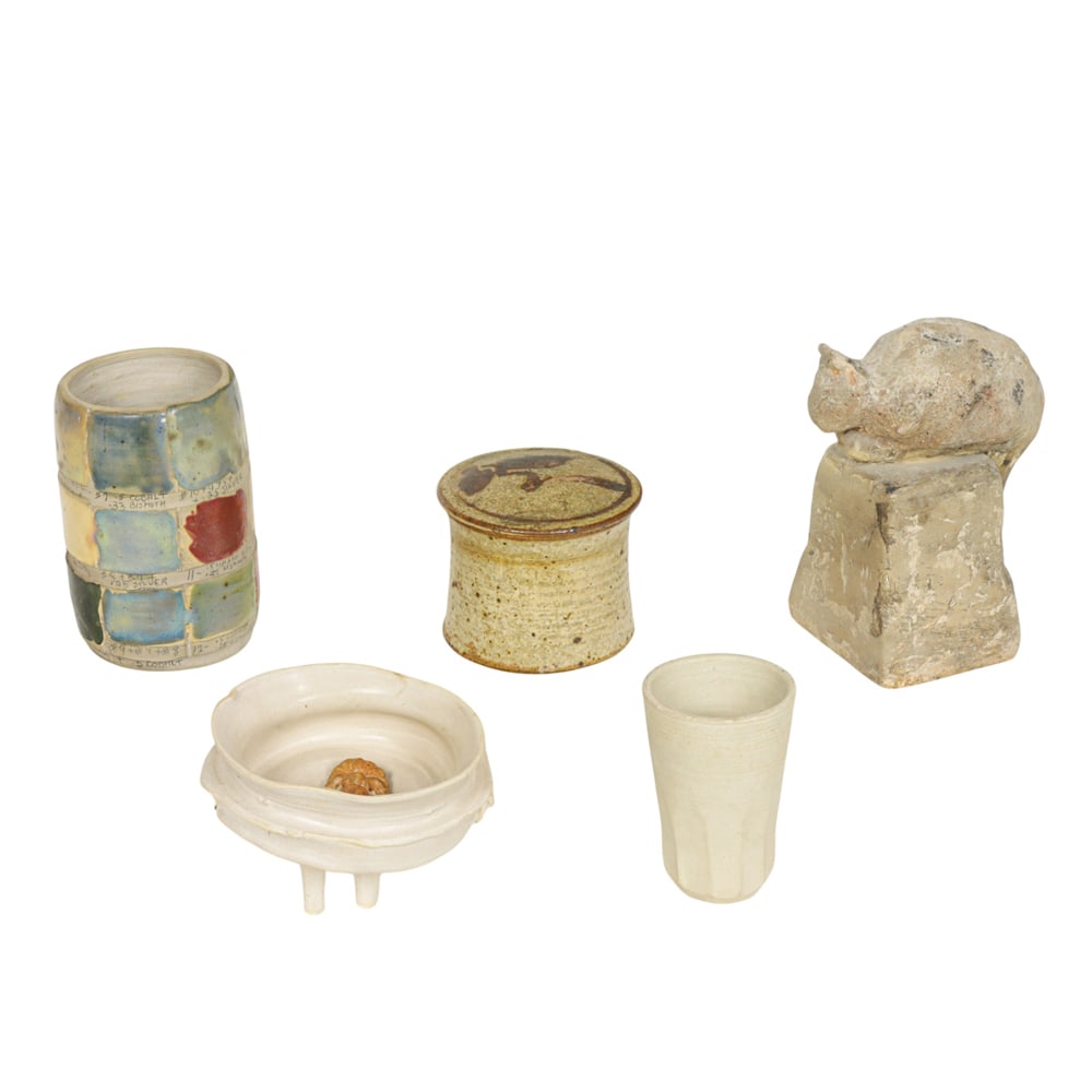 Ceramic Objects, American School (20th century): (lot of 5) American School (20th century), Pottery Art, ceramic sculptural and functional objects, one dedicated "Happy Birthday Viola, Love Nina, 8/15/02" beneath, lidded urn and glaze test cup