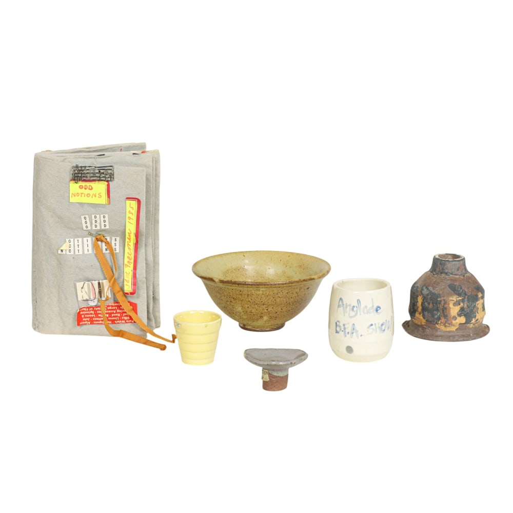 Ceramics and Collage Book, American School (20th century): (lot of 6) American School (20th century), Decorative and Art Objects, five ceramic vessels including an "Anglade" CCAC BFA 1997 show cup, and a handmade felt collage book, each unsigned, overall