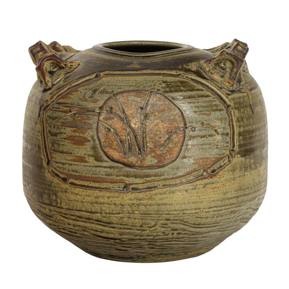 Ceramic Vessel, Richard Brennan: Richard Brennan (American, 20th century), Vase with Reed and Serpentine Detail, ceramic pot, circular mark near base, overall: 8"h x 10"w x 10"d. Provenance: Property from the Private Collection of Vi