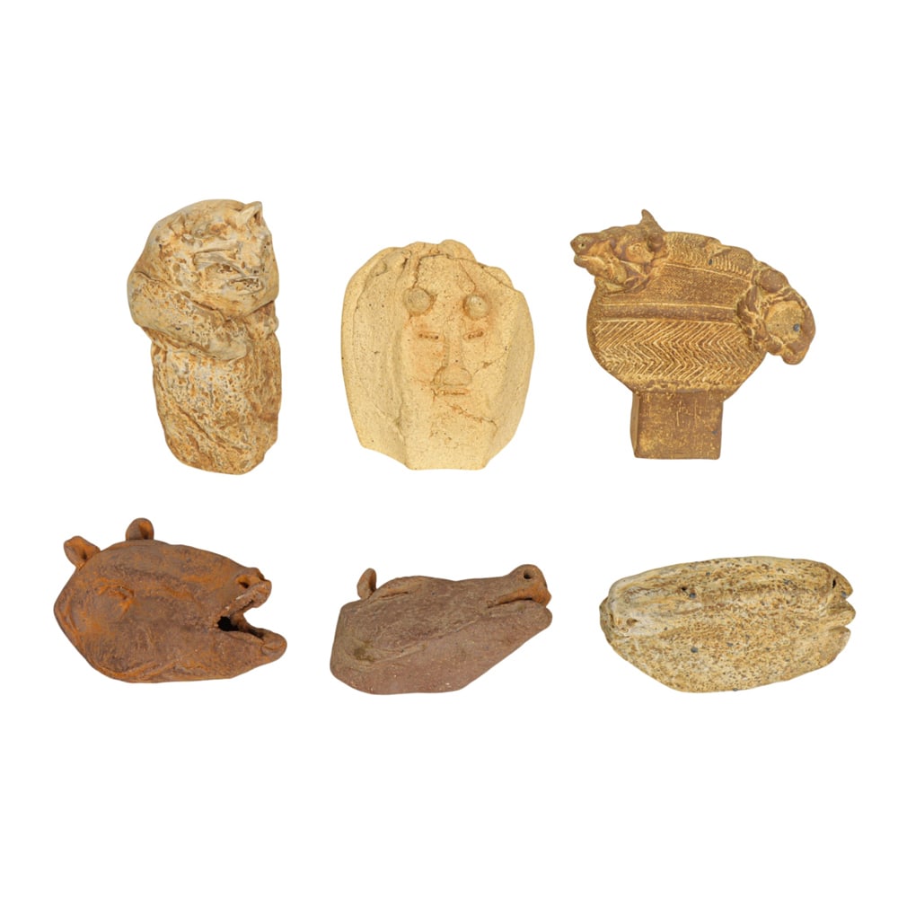 Sculptures, Richard Brennan: (lot of 6) Richard Brennan (American, 20th century), Animal Head Objects, ceramic, one initialed, overall (for largest): 5"h x 2"w x 2"d. Provenance: Property from the Private Collection of Viola