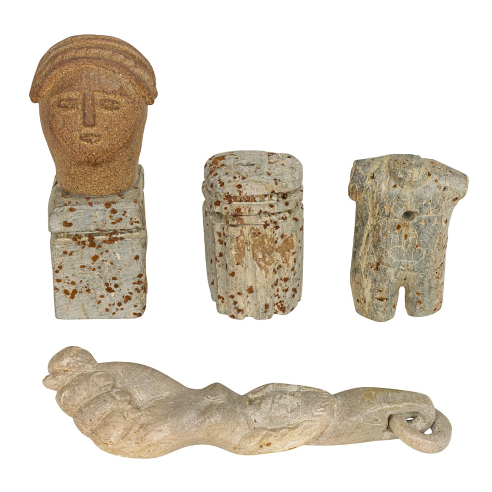 Sculptures, Richard Brennan: (lot of 4) Richard Brennan (American, 20th century), Classically Inspired Sculptural Objects, carved stone and ceramic, overall (for largest): 8"h x 2.5"w x 1.75"d. Provenance: Property from the