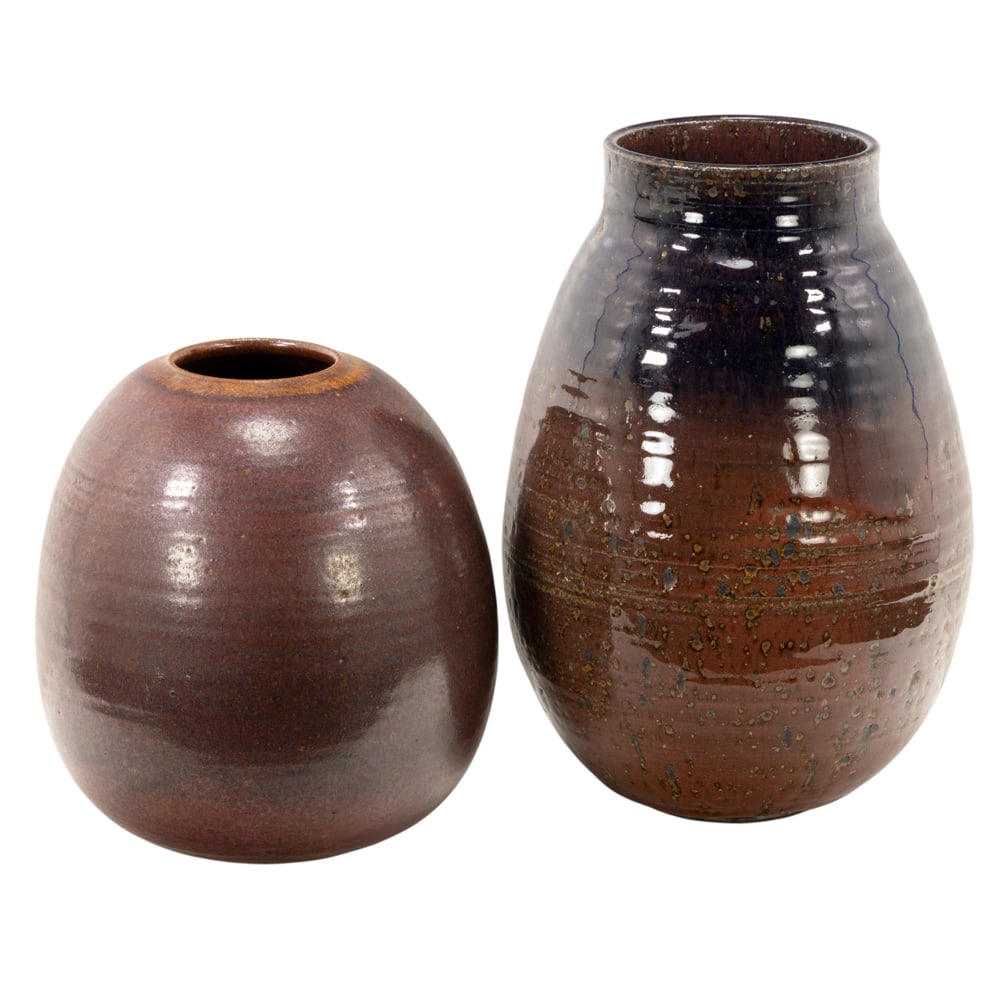 Ceramic Vases, American School (20th century): (lot of 2) American School (20th century), Red Glazed Pottery, ceramic vases, each monogrammed beneath, overall (for larger): 10.5"h x 7.5"w x 7.5"d. Provenance: Property from the Private Collection o