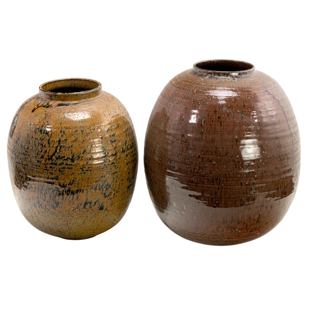 Ceramic Vases, American School (20th century): (lot of 2) American School (20th century), Glazed Ovoid Pottery, ceramic vases, each monogrammed beneath, overall (for larger): 11"h x 10"w x 10"d. Provenance: Property from the Private Collection of 