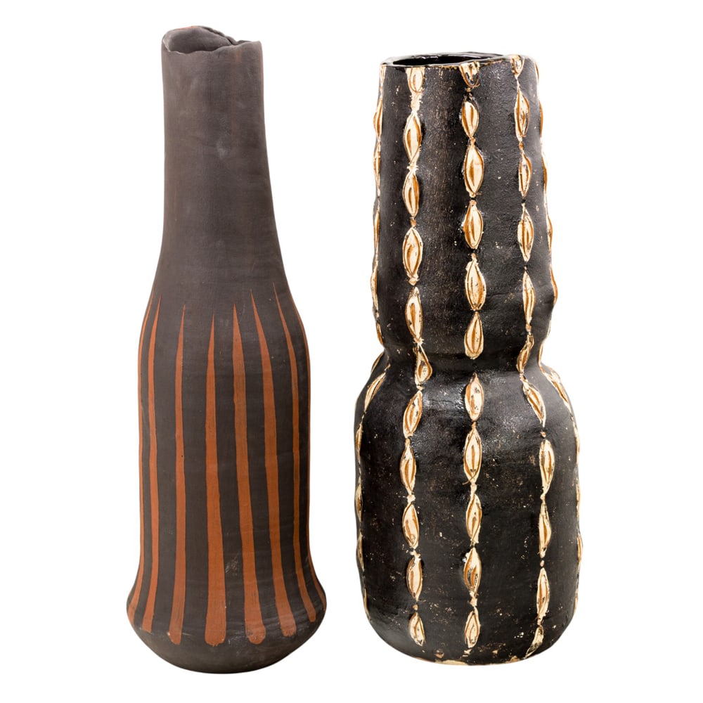 Ceramic Vessels, Arthur E. Nelson: (lot of 2) Arthur E. Nelson (American, 1942-1992), Untitleds, glazed ceramic vessels, one signed beneath, overall (for larger): 21.5"h x 9"w. Provenance: Property from the Private Collection of Viola