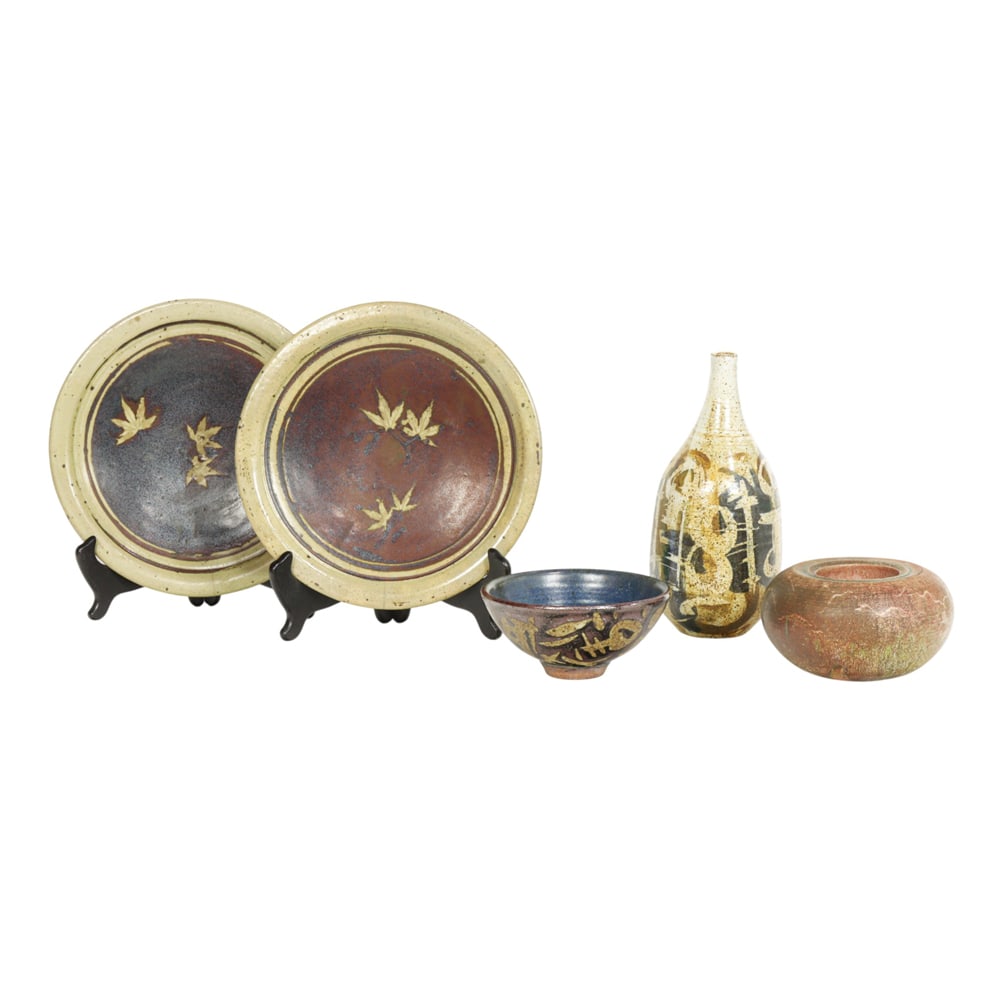 Stoneware Dishes, Arthur E. Nelson: (lot of 5) Arthur E. Nelson (American, 1942-1992), Decorated Dishes, stoneware plates, bowls, and vase, each initialed beneath, overall (for vase): 9"h x 4"w x 4"d. Provenance: Property from the