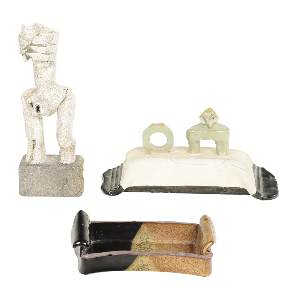 Sculptures and Dish, Arthur E. Nelson: (lot of 3) Arthur E. Nelson (American, 1942-1992), Forms, two glazed ceramic sculptures and one rectangular dish, each unsigned, one marked "JB", overall (for largest): 13"h x 4.75"w x 2.75"d.