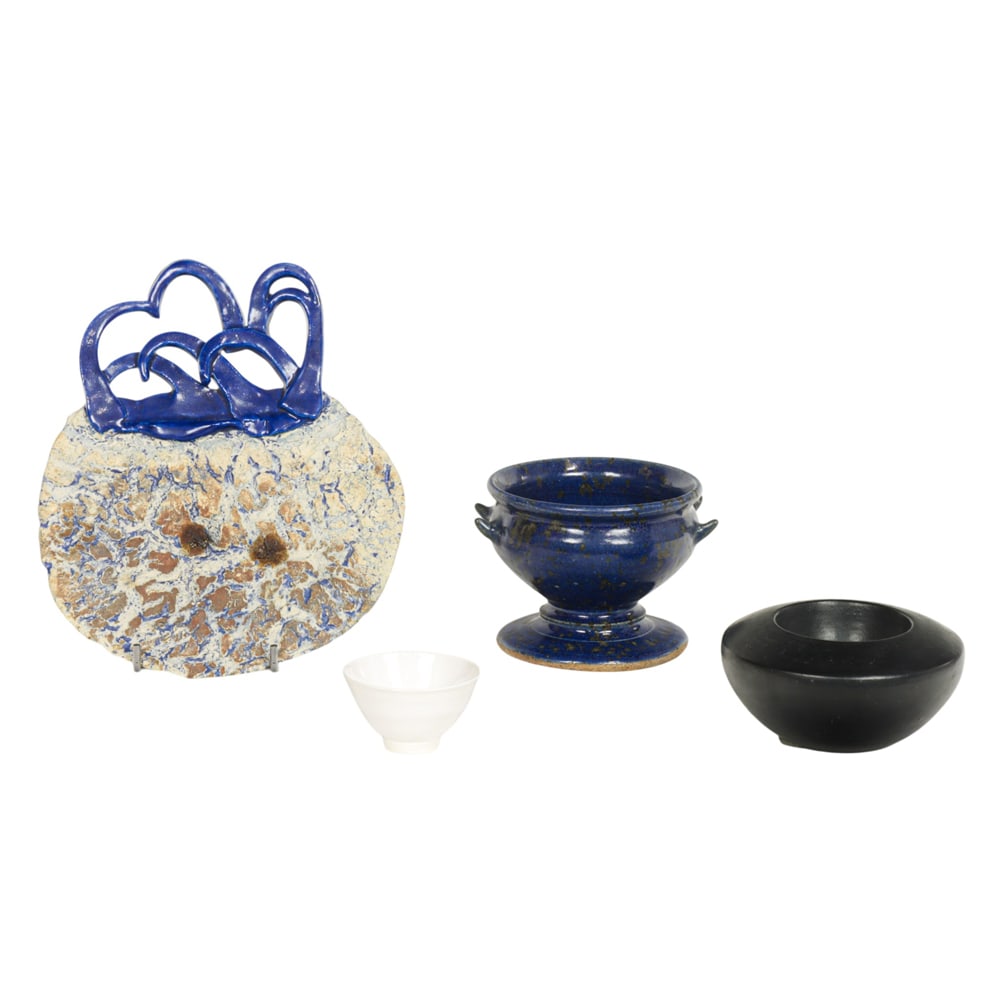 Ceramic Objects, Arthur E. Nelson: (lot of 4) Arthur E. Nelson (American, 1942-1992), Art Pottery, three ceramic bowls and one art plaque, three signed or initialed, overall (for largest): 9.5"h x 8.25"w. Provenance: Property from the