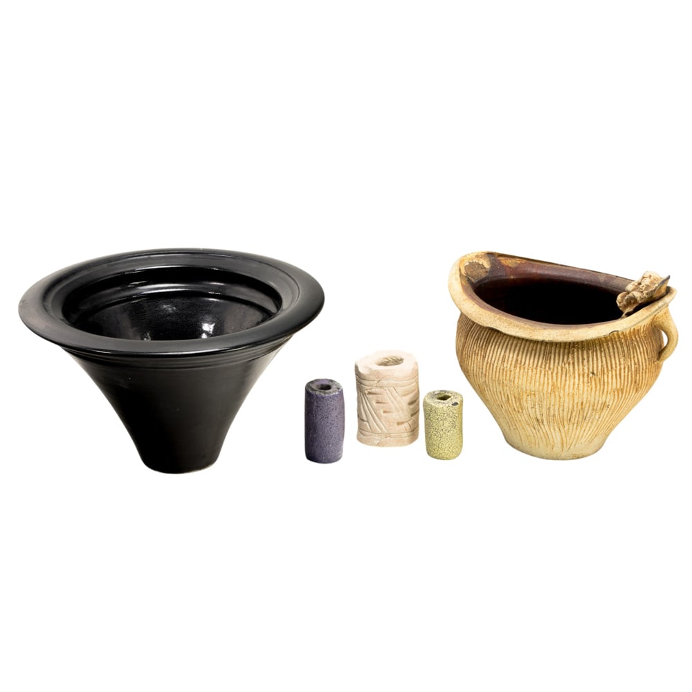 Ceramic Objects, Arthur E. Nelson: (lot of 5) Arthur E. Nelson (American, 1942-1992), Ceramic Objects, one tureen, one bowl, and three large, cylindrical beads, tureen signed, overall (for largest): 6"h x 10.5"w x 10.5"d. Provenance:
