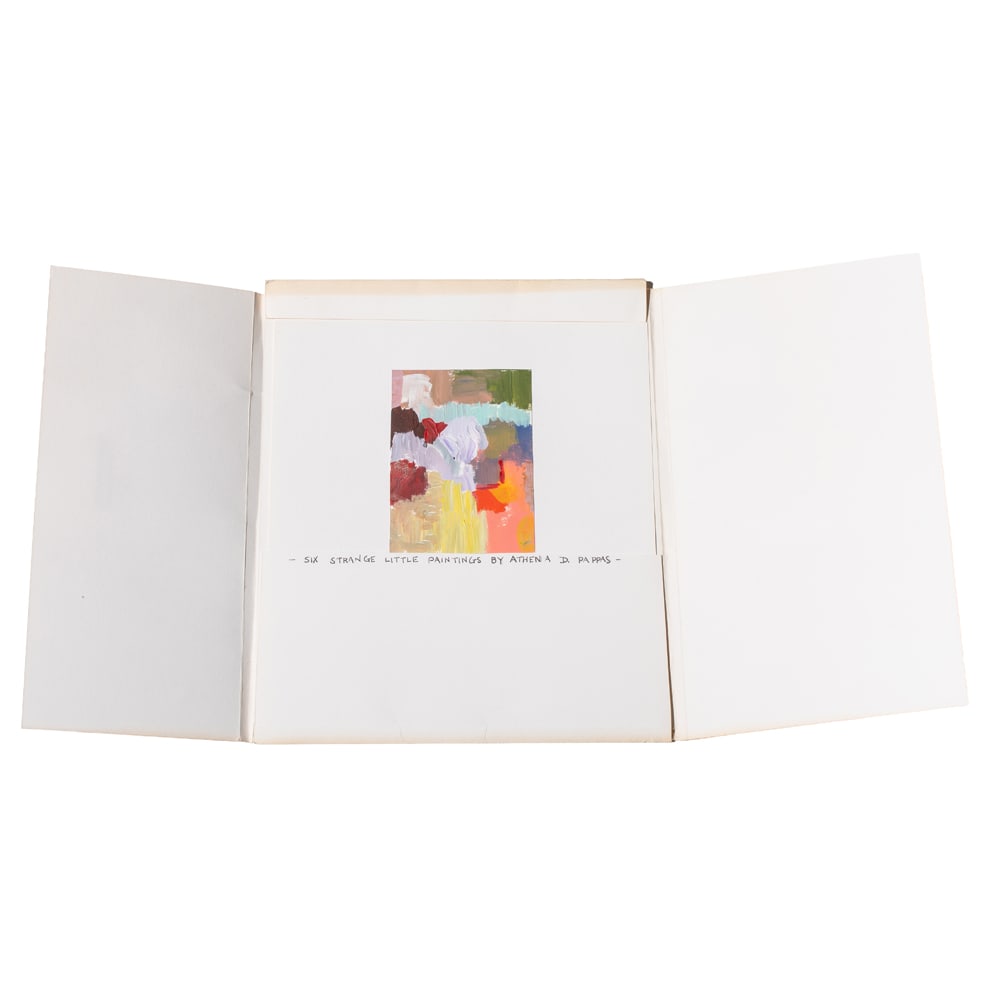 Works on paper, Athena D. Pappas: (lot of 6) Athena D. Pappas (American/Greek, 1924-2006), "Six Strange Little Paintings," oils on paper, folder signed and titled, sheet (for each): 4"h x 3"w, overall (with backing paper, for each):