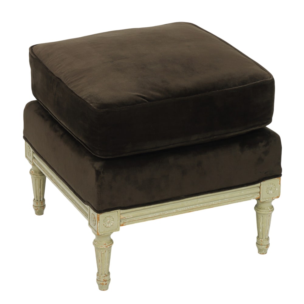 A Louis XVI style ottoman: A Louis XVI style ottoman, with a loose cushion and rising on a paint decorated base, 18"h x 18"sq