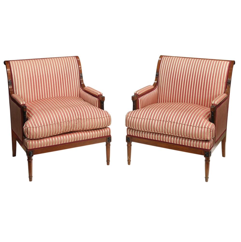 A pair of custom Belmar Studio San Francisco lounge chairs: A pair of custom Belmar Studio San Francisco lounge chairs, the large form with striped upholstery with loose down cushion, and rising on turned legs, 37"h x 30.5"w x 25"d (overall); 25"h (seat)
