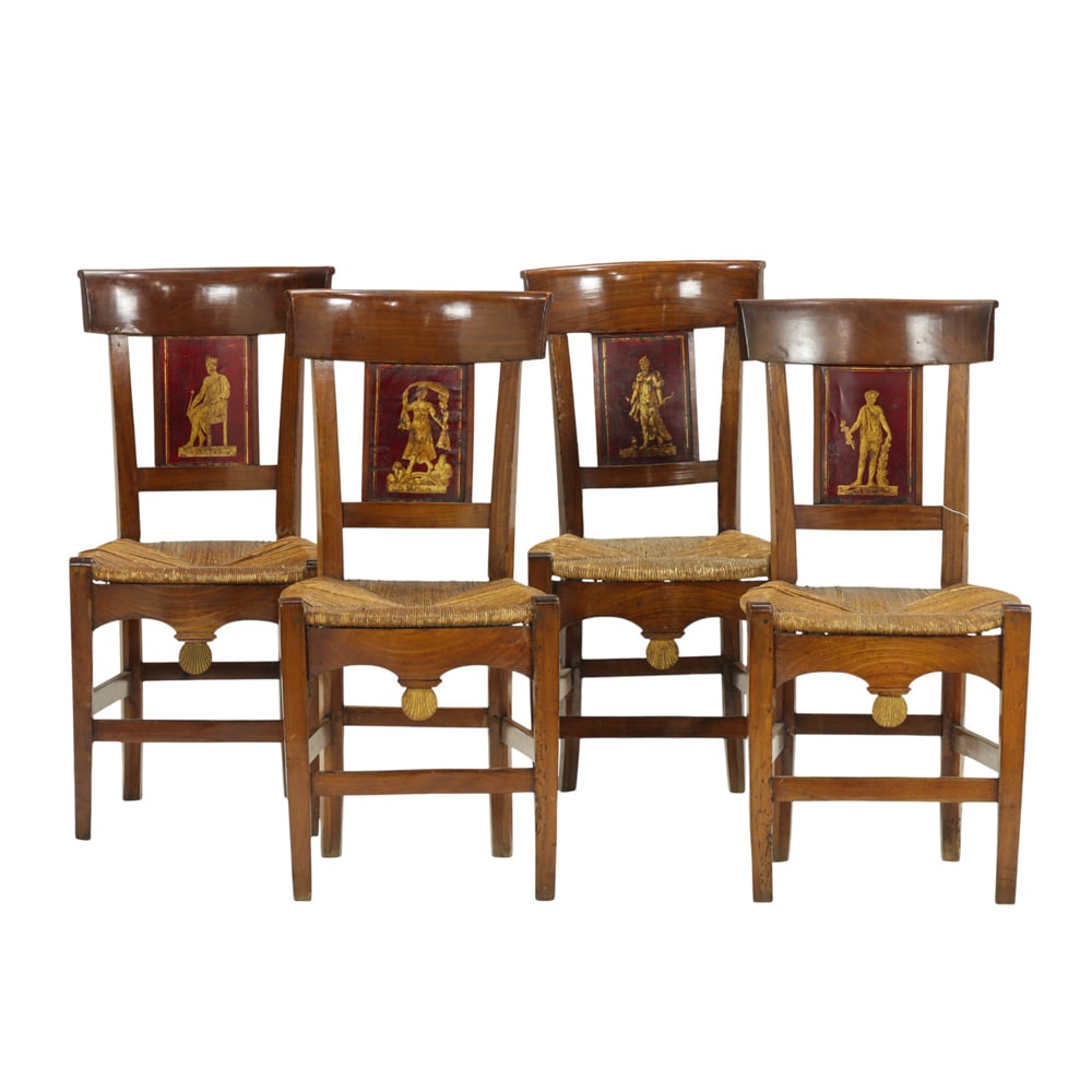 A set of four Italian Neoclassical tole panel chairs 19th century: A set of four Italian Neoclassical tole panel chairs 19th century, each with a decorated figural reserve, with rush seats and a sell carved drop centering the seat rail, overall 34.5"h x 13"w x 15"d