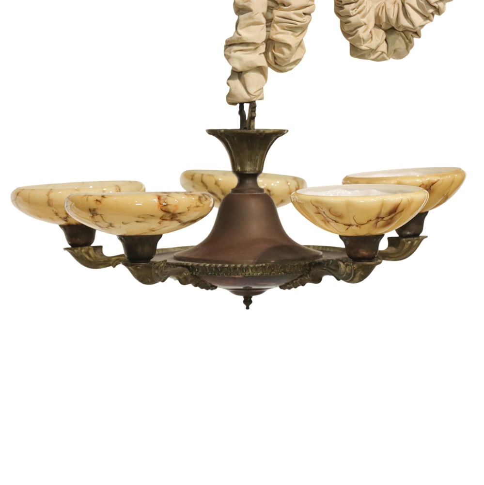 An Art Deco brass and glass five light chandelier (1 of 3)