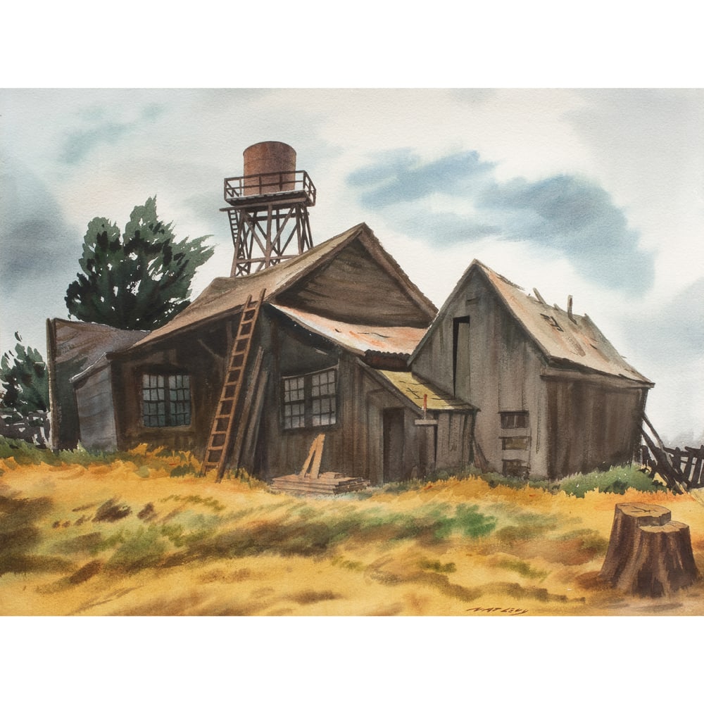 Watercolor, Nat Levy: Nat Levy (American, 1896-1984), "Old Blacksmith Shop," watercolor, signed lower right, gallery label (Hoover Gallery, San Francisco, CA) affixed verso, exhibition label (SWA Kaiser Exhibit '72, Kaiser