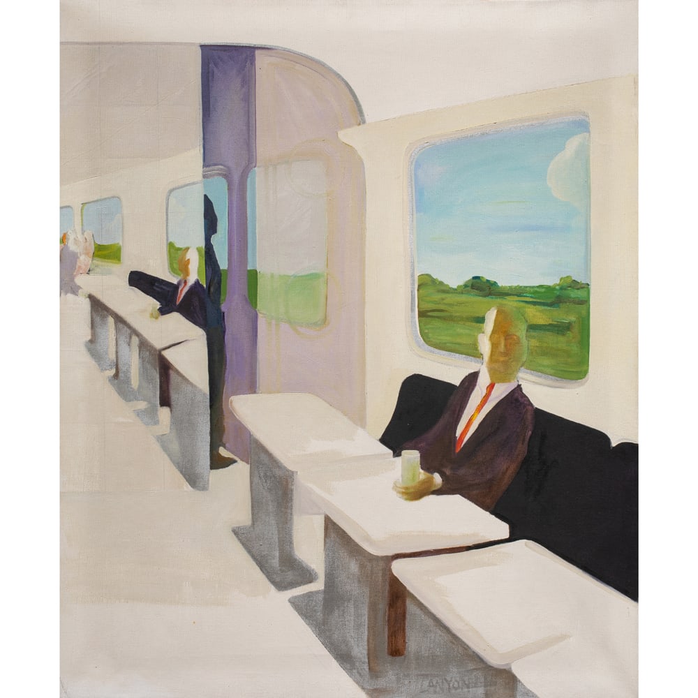 Painting, Ellen Lanyan: Ellen Lanyan (American, 1926-2013), Club Car, 1965, oil on canvas, signed lower right, gallery label (B. C. Holland Gallery, Chicago, IL) affixed verso, canvas: 36"h x 30"w, overall (with frame):