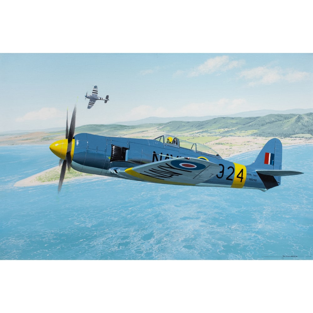 Painting, Stan Stokes: Stan Stokes (American, b. 1950), "Hawker Sea Fury," 1979, oil on canvas, signed lower right and signed, titled and dated verso, canvas: 24"h x 36"w, overall (with frame): 29.25"h x 41.25"w