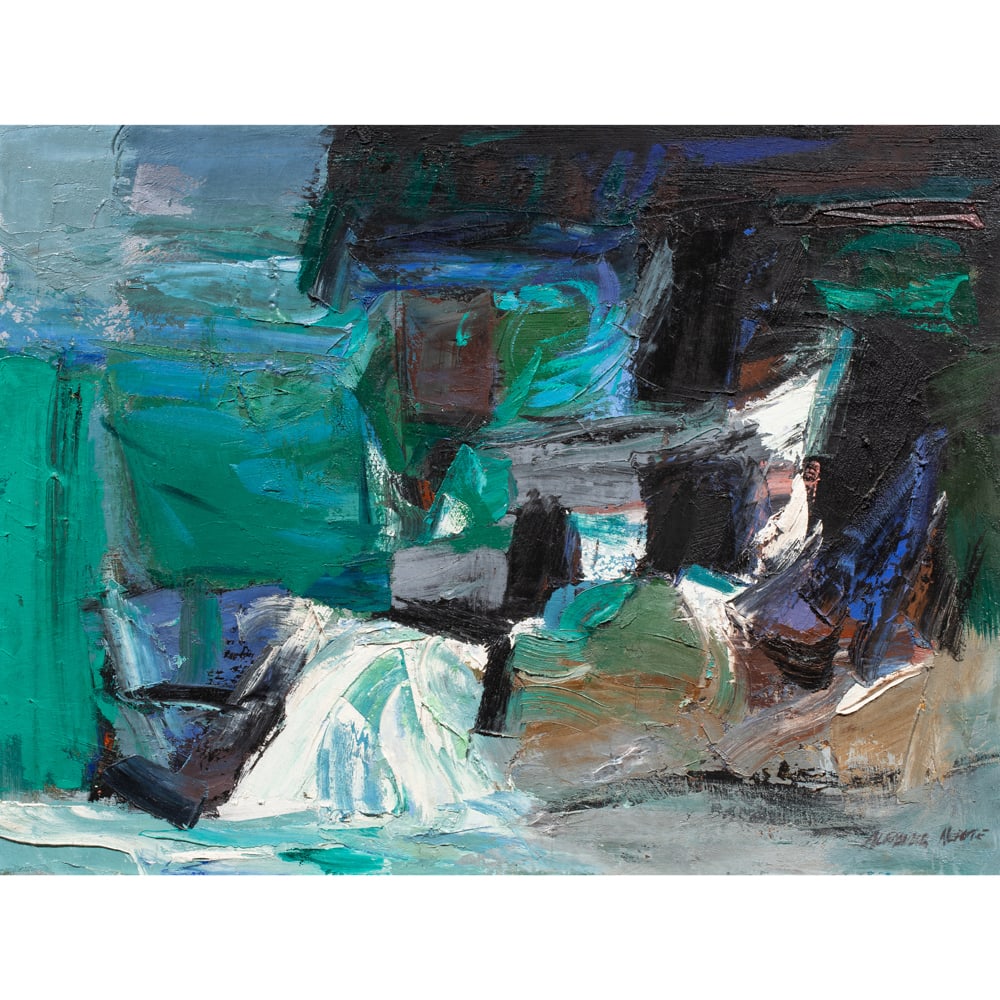 Painting, Alexander Nepote: Alexander Nepote (American, 1913-1986), "Black Cliff Creek," 1960, oil on canvas, signed lower right and signed, titled and dated vero, canvas: 26"h x 34"w, overall (with frame): 27.25"h x 35.25"w