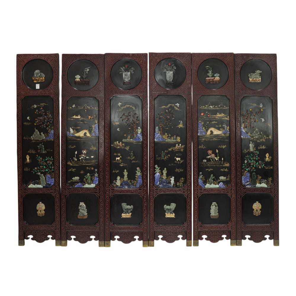 A Chinese carved lacquered jade and hardstone inlaid six panel screen (1 of 5)
