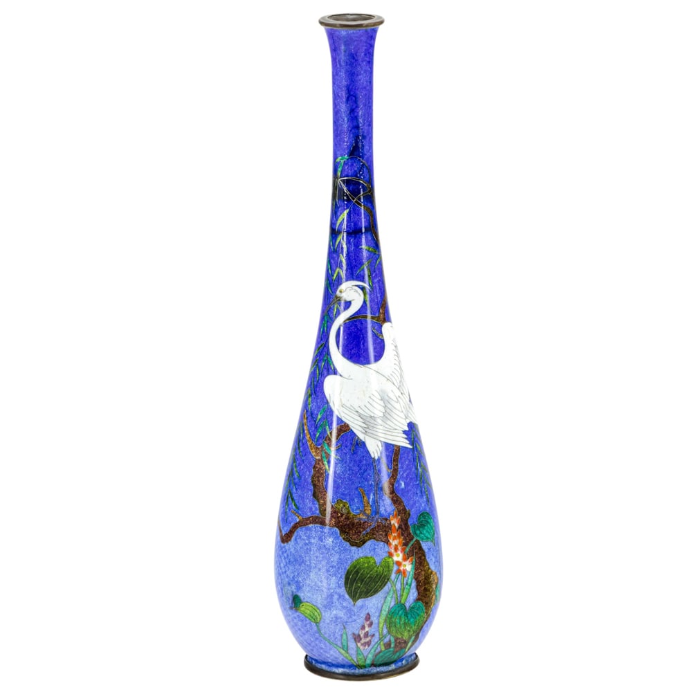 A Japanese cloisonne enamel vase: A Japanese cloisonne enamel vase. Decorated with an egret, bearing artist's mark, Meiji period, 11.5" high.