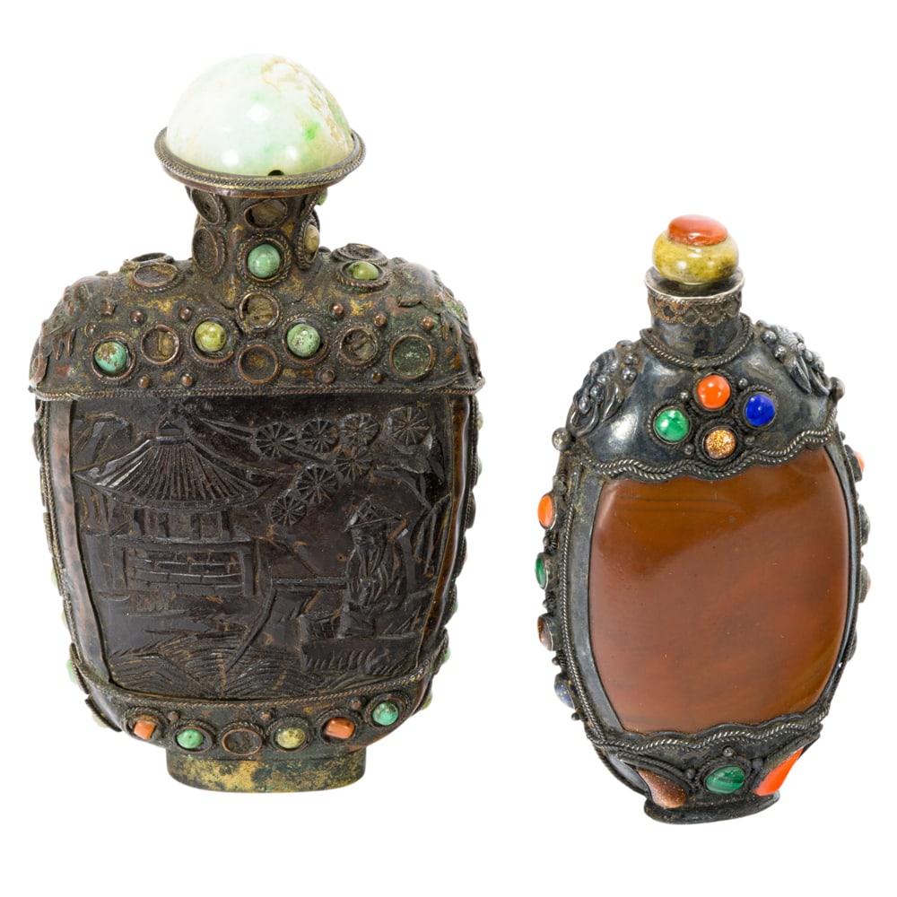 (lot of 2) Mongolian silver metal turquoise and coral inlaid snuff bottles (1 of 3)