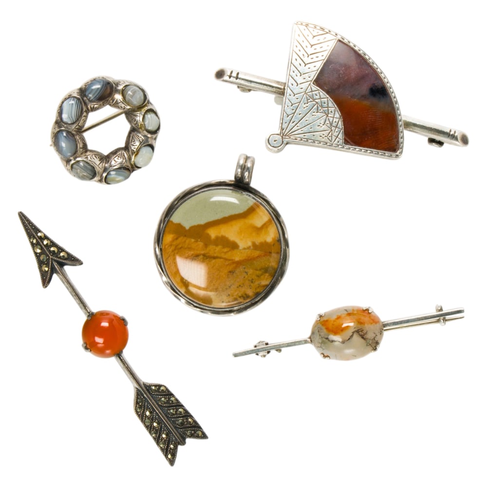 Five hardstone and silver pins and pendant (1 of 1)