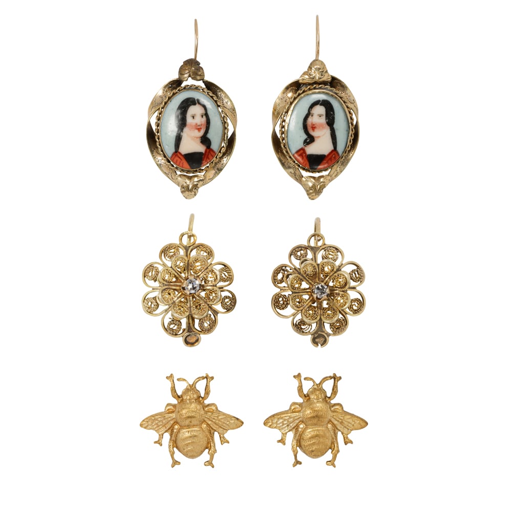 Three pairs of 14k gold and gold-filled earrings: Three pairs of 14k gold and gold-filled earrings Comprising one pair of filigree style 14k gold earrings set with one round-cut diamond, together with two pairs of gold-filled earrings of varying