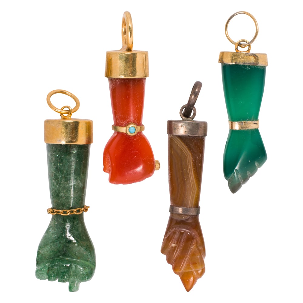 Three hardstone figa pendants: Three hardstone figa pendants Comprising two gold-filled and one silver pendant designed with various hardstones including agate; gross weight: 11.15 grams