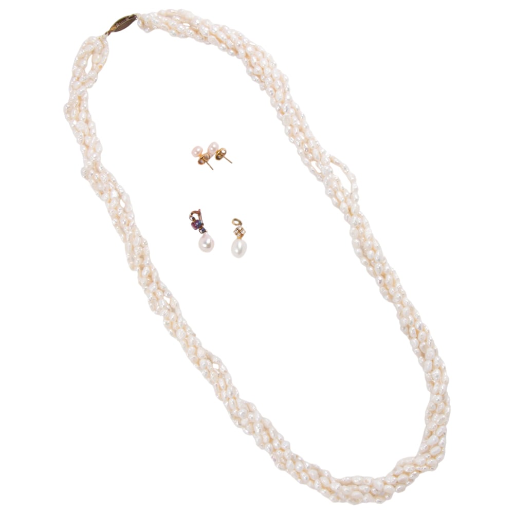 A group of pearl, diamond and 14k gold jewelry: A group of pearl, diamond and 14k gold jewelry comprising a cultured rice pearl necklace, pair of 14k gold studs, and two diamond cultured pearl, and 14k gold pendants; necklace length: 26 in,