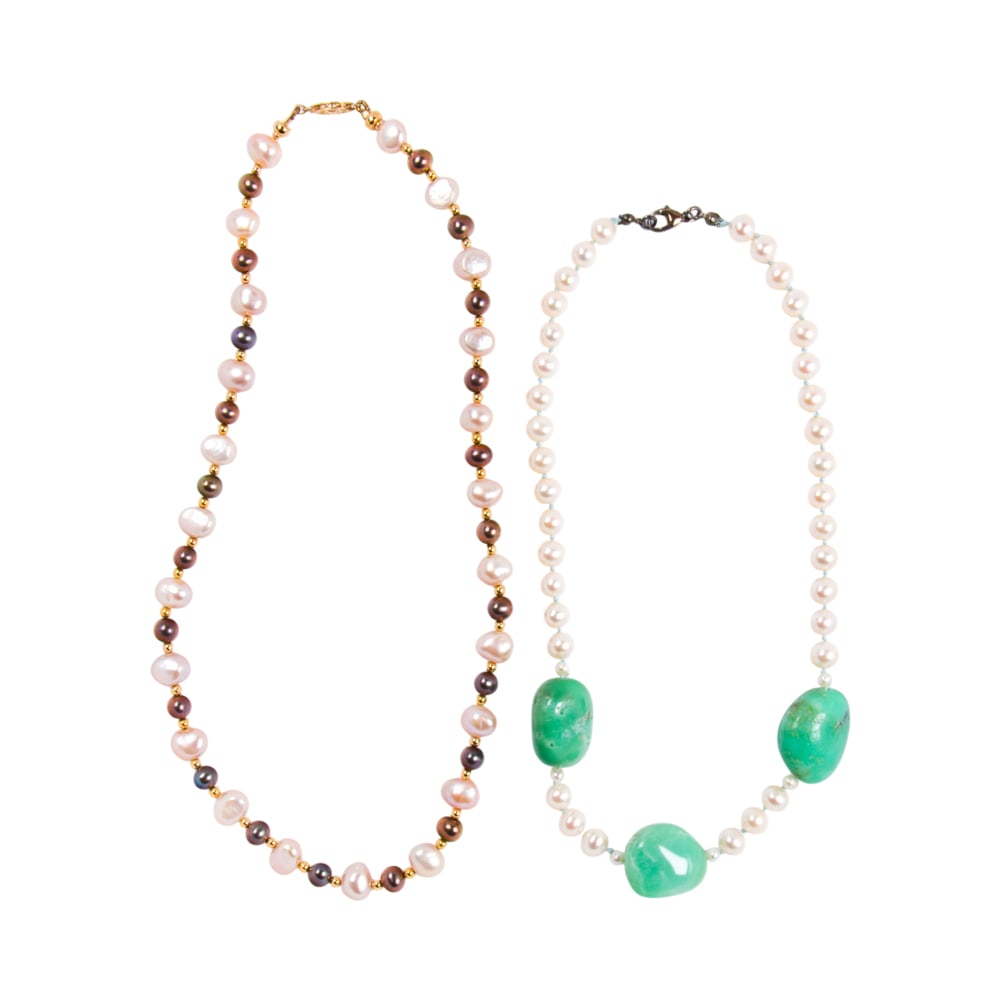Two gemstone and cultured pearl necklaces: Two gemstone and cultured pearl necklaces comprising a multi-color cultured pearl and 14k necklace, and one with cultured pearl and chrysoprase; lengths: 16 and 18 in; 65.00 gross grams