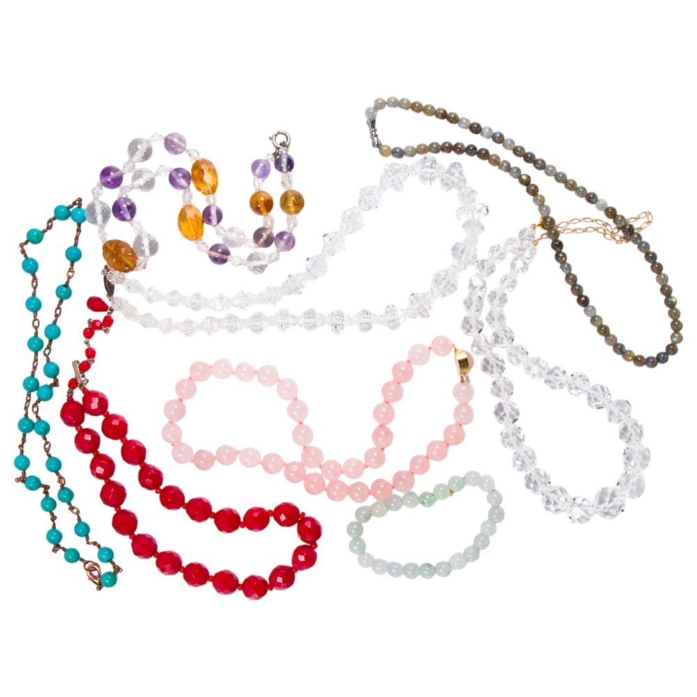 A miscellaneous group of beaded jewelry: A miscellaneous group of beaded jewelry Comprising an assortment of beaded jewelry of varying styles and materials; gross weight: 361.35 grams