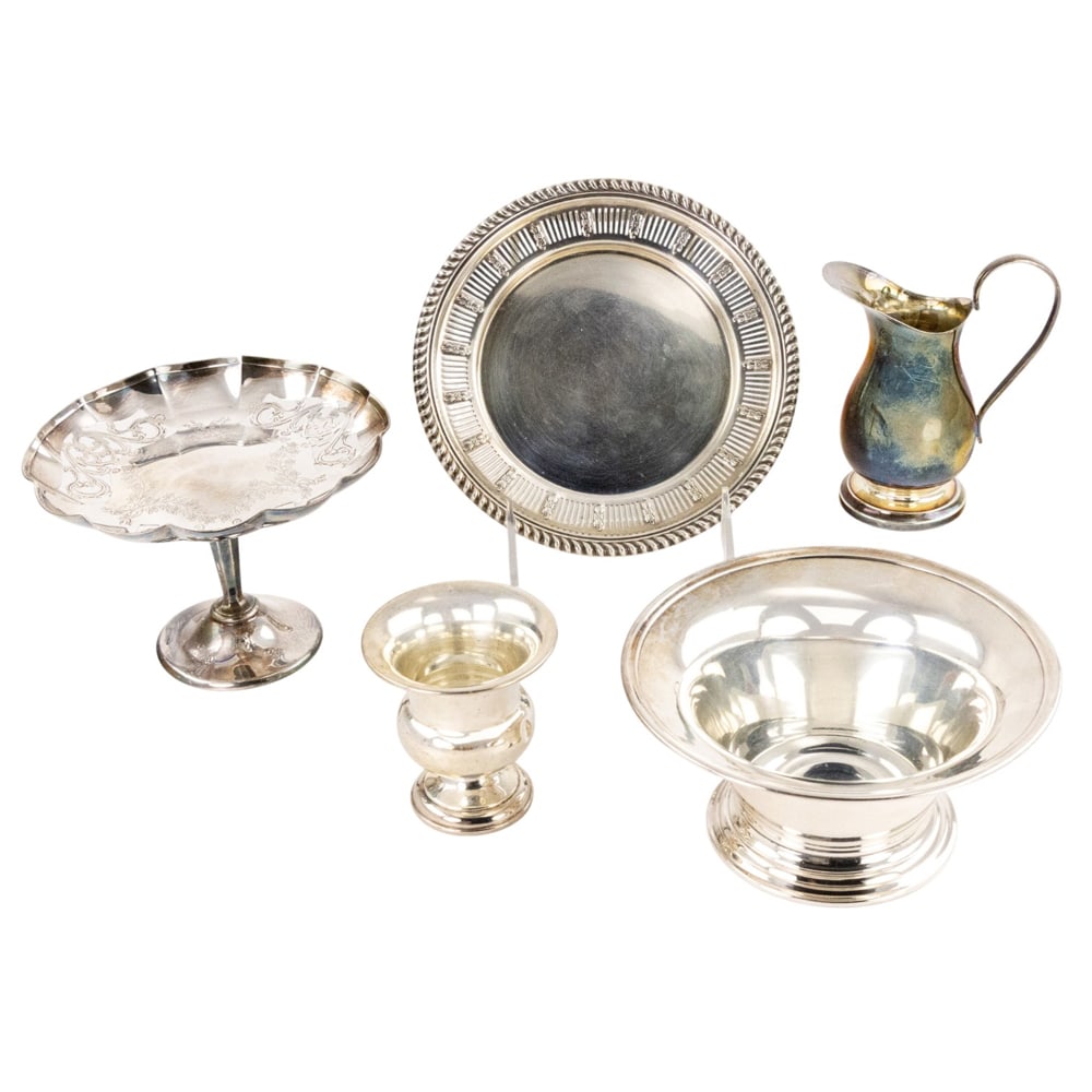 A group of Henry Birks & Sons sterling table articles, Montreal, reticulated salver, 1938, 6: A group of Henry Birks & Sons sterling table articles, Montreal, reticulated salver, 1938, 6.75?dia; cigarette urn, 1945, 3?h; cream pitcher and footed bowl, 6?dia; together with Roden pedestal bowl,