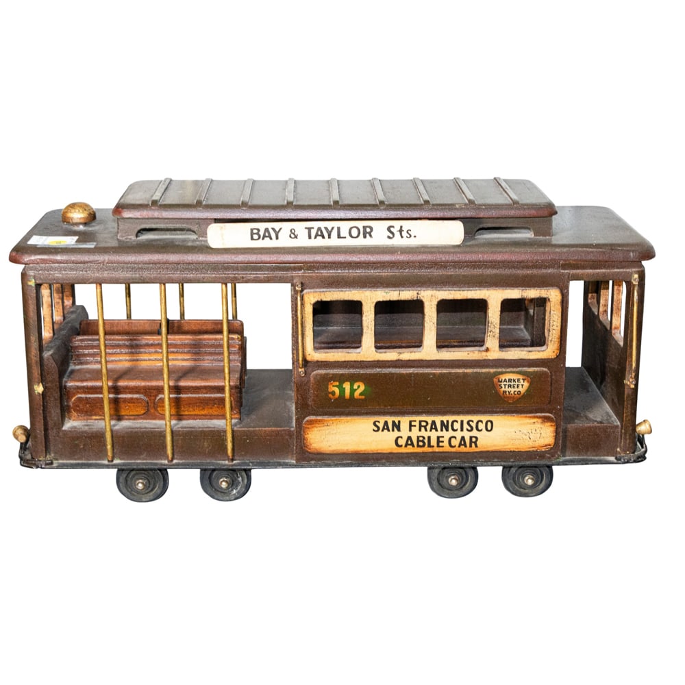 A large wood model of a San Francisco cable car: A large wood model of a San Francisco cable car, 10.5"h x 24"w x 8.5"d