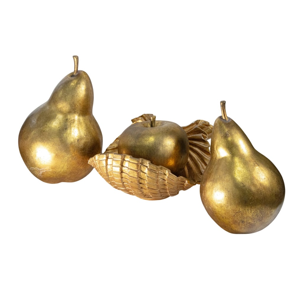 An assembled group of Hollywood Regency gilt fruit: An assembled group of Hollywood Regency gilt fruit, together with a shell form bowl, 9"h x 18"w x 17"d, (2) pears: largest 20"h x 13"dia; smallest 16"h x 10"dia, (1) apple 10"h x 10"dia