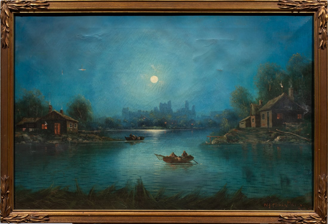 Painting, Nils Christiansen: Nils Christiansen (Danish, 1850-1922), Moonlit View, oil on canvas, singed lower right, overall (with frame): 22"h x 32"w